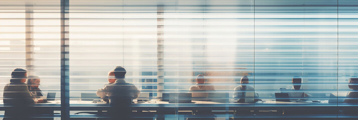 Interior blinds in an office, people seen through the blinds in the distance. Blurred working people in motion.