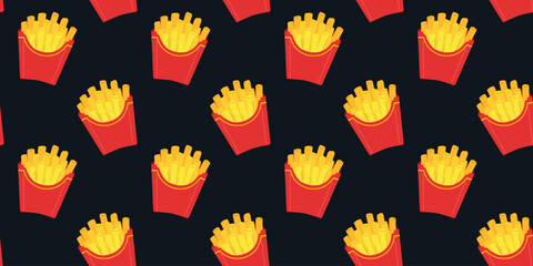 Food background, seamless pattern with french fries. American fast food, vector illustration in flat style.