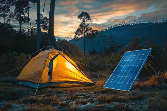 A portable solar panel catches sunlight at a remote forest campsite beside a vibrant yellow tent, symbolizing off-grid adventure