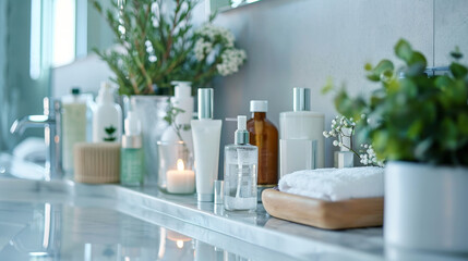 Elegant array of beauty and wellness products on bathroom counter - 789323501