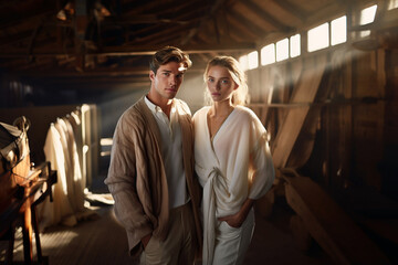 Young couple in stylish fashionable clothes posing in a farm barn.