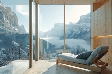 A bedroom with large windows opens to a breathtaking alpine landscape, inviting tranquility with a solitary chair awaiting an admirer of nature's grandeur - obrazy, fototapety, plakaty