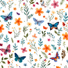 Seamless pattern with butterflies, flowers and leaves. Vector illustration.