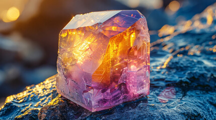 Radiant gemstone with rare coloration on rocky surface in sunset glow - obrazy, fototapety, plakaty
