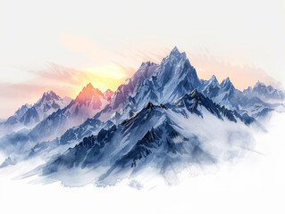 Serene mountain landscape at sunset with majestic peaks and soft hues