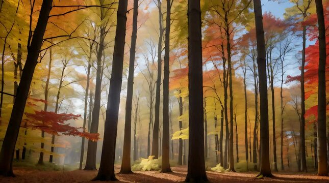 Picture a serene forest scene in the heart of autumn.