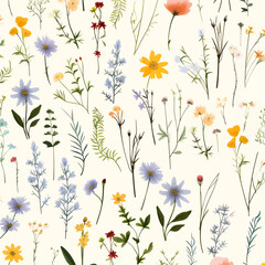 Seamless pattern with wildflowers. Hand drawn vector illustration.