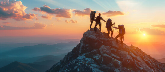 Silhouette of four hikers reaching the mountain summit at sunset - 789324387