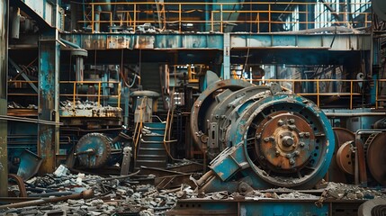 Closeup of scrap metal in an abandoned plant or factory with old machinery or decommissioned industrial equipment