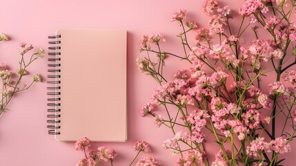 Top view of pink diary with pink flowers on right placed on pink colored background