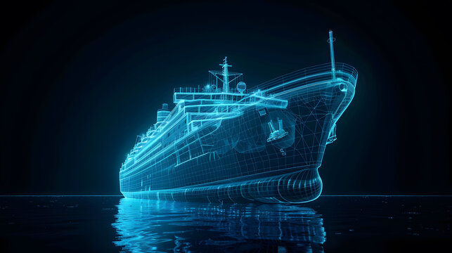 Illuminated Blue Wireframe Cruise Ship on