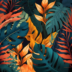 Fototapeta na wymiar Seamless pattern with tropical leaves. Vector illustration in flat style