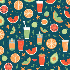 Seamless pattern with watermelon, orange, lemon, grapefruit, pineapple and smoothie. Vector illustration