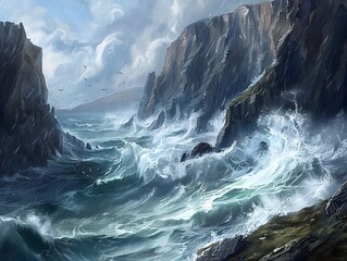 Powerful Coastal Seascape with Crashing Waves Cascading Against Rugged Cliffs in Moody Natural Drama