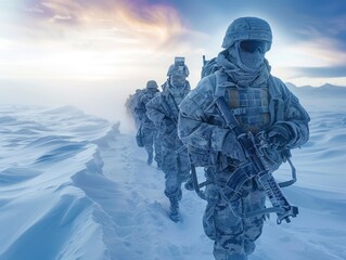 A soldier with a machine gun in the mountains in winter