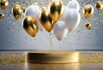 winner confetti pedestal award golden background gold Podium product birthday card Balloon festive platform premium stage  splay gift 3d stand party anniversary scene dais b