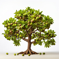 A large green walnut crown of a tree with walnuts isolated on white