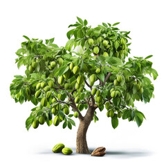 A large green walnut crown of a tree with walnuts isolated on white