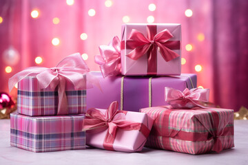 Assorted gifts wrapped in festive tartan paper, arranged in a cute and colorful display сreated with Generative Ai