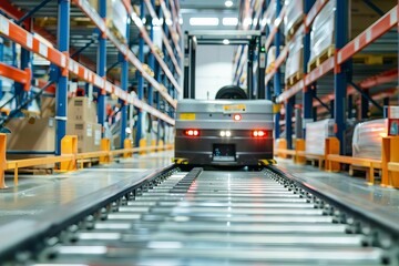 automated guided vehicle agv efficiently transporting goods in modern warehouse logistics and distribution center - obrazy, fototapety, plakaty