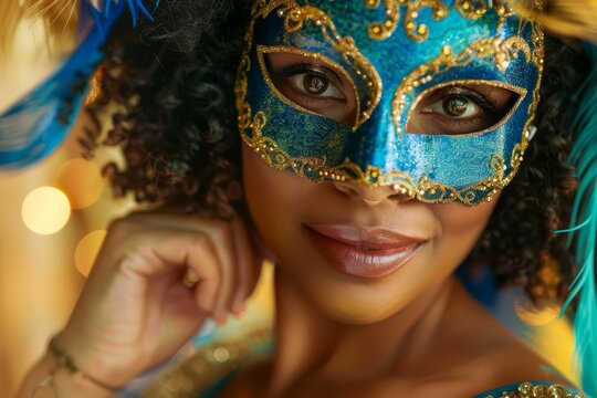 beautiful african american woman in carnival mask mardi gras portrait