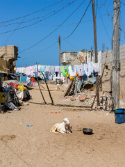 du linge sèche suspendu à une corde dans une rue de la vieille ville de Saint louis du Sénégal...