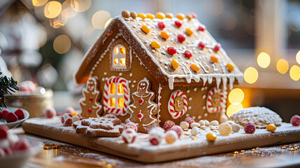 A festive gingerbread house, with candy decorations as the background, during a holiday baking competition