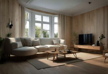 Fototapeta premium interior sofa 3d cream background rendering empty living room wall Scandinavian wooden design home modern apartment decor house furniture style floor white decoration