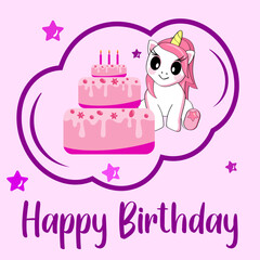 Cute cartoon unicorn sitting with a big cake. Ready birthday card.