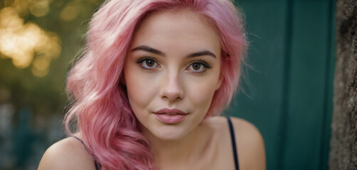 woman at everyday life at leisure time outdoor in summer, slightly worreid or stressed, pink hair, everyday life problems, age 20 to 30, caucasian girl