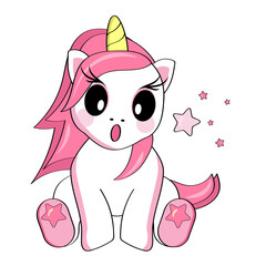 Surprised cartoon unicorn sitting with his mouth open on a white background. Sticker, postcard.