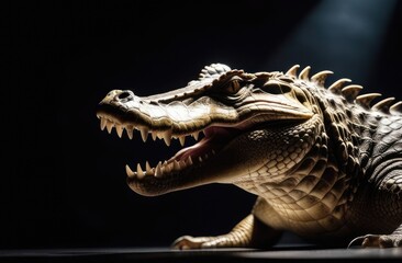 Fototapeta premium Head of a green crocodile, alligator close-up with open mouth. Open mouth with many teeth. Black background