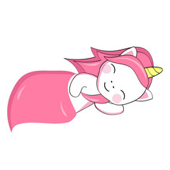 Cute cartoon unicorn sleeping under a blanket on a white background. Sticker, postcard.