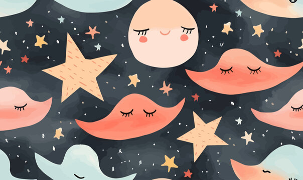 Seamless pattern with cute clouds and stars. Vector illustration.