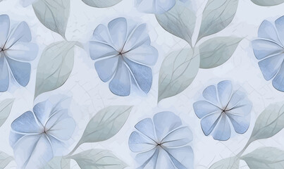 Seamless pattern with blue hydrangea flowers on white marble background.