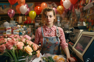 A woman standing in front of a flower shop. Cash register ans flowers on foreground. - obrazy, fototapety, plakaty