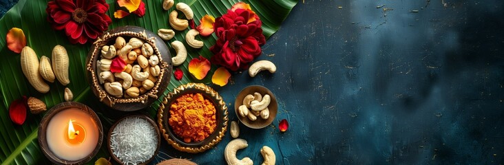 Fototapeta premium A cover of Indian cuisine. Nuts, flowers, fruits, vegetables. Puja worship ceremony. Diwali festival. Feast of Ugadi or Gudi Padwa. Concept of the celebration. 