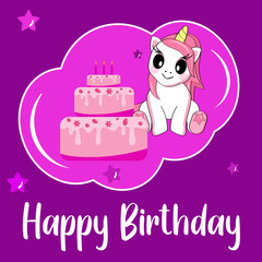 Cute cartoon unicorn sitting with a big cake. Bright ready-made birthday card.