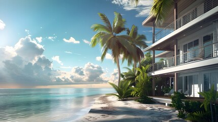 Stunning Beachfront Property with Serene Palm Fringed Balcony Overlooking Crystal Clear Ocean Waves
