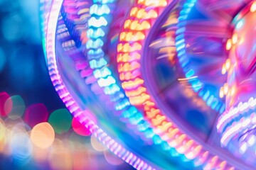 blurred amusement park toy ride background with colorful spinning lights abstract photo - obrazy, fototapety, plakaty