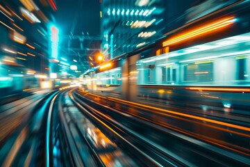 Fototapeta na wymiar blurred lights of a speeding train at night abstract transportation background generative ai