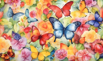 Fototapeta na wymiar Watercolor background with flowers and butterflies. Hand painted watercolor illustration.