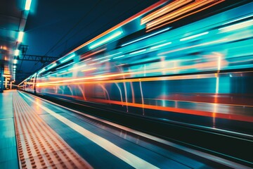 Fototapeta na wymiar blurred lights of a speeding train at night abstract transportation background generative ai