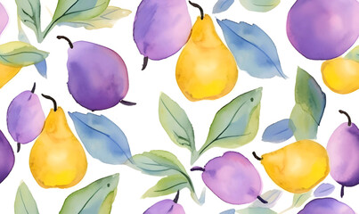 Seamless pattern with watercolor pears. Vector illustration.