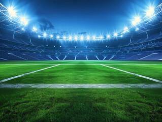 empty football field with green grass in a stadium with burning floodlights and empty stands