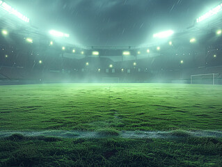 rainy empty football field with green grass in the stadium with burning floodlights