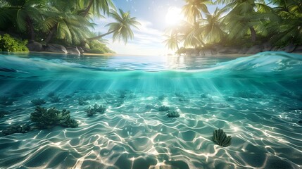 Fototapeta na wymiar Sunlit Seabed Sanctuary A Tranquil Tropical Beach Oasis with Swaying Palms and Turquoise Waters