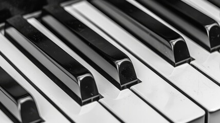 Close up monochrome image of a black and white piano keyboard for artistic inspiration