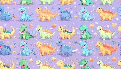 Seamless pattern with cute cartoon dinosaurs. Vector illustration for kids.
