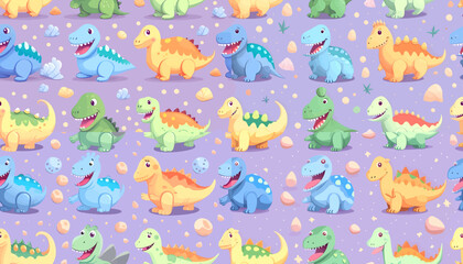 Seamless pattern with cute dinosaurs. Vector illustration for kids.